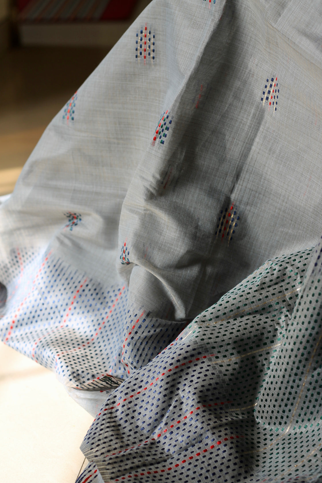 Grey chanderi cotton kantha saree