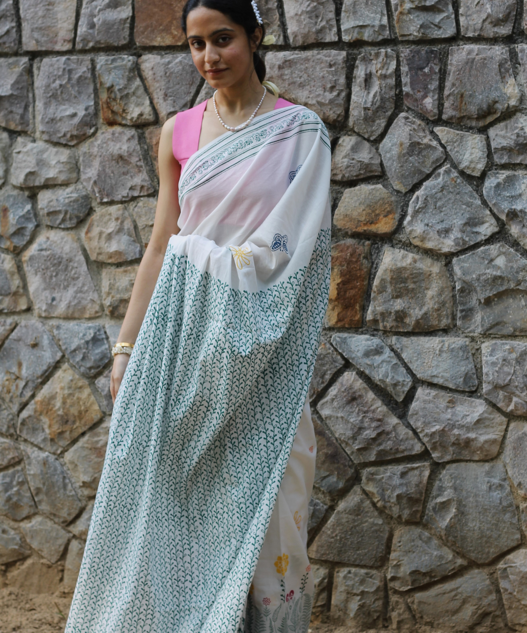 White summer garden block printed mulmul saree