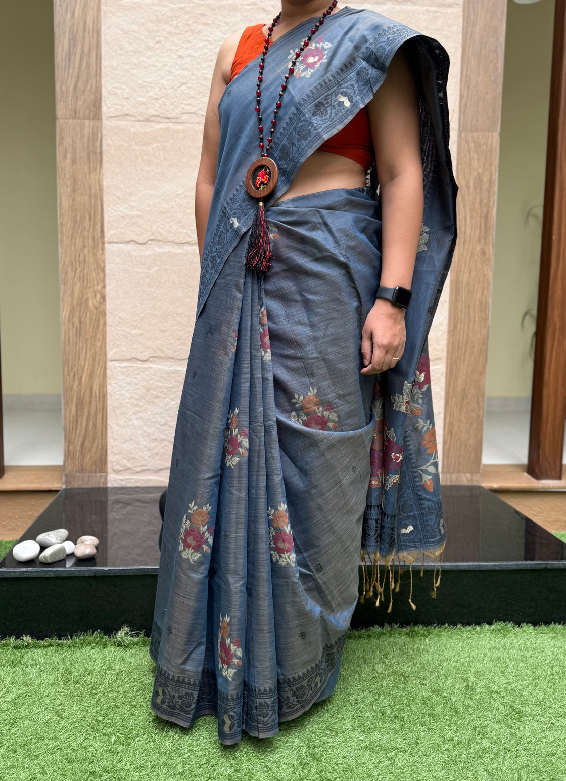 Grey chanderi cotton jamdani saree