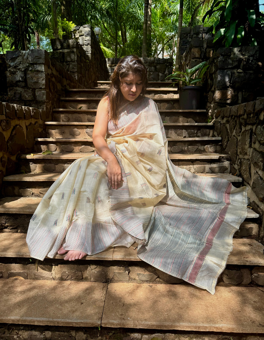 off white chanderi cotton kantha saree
