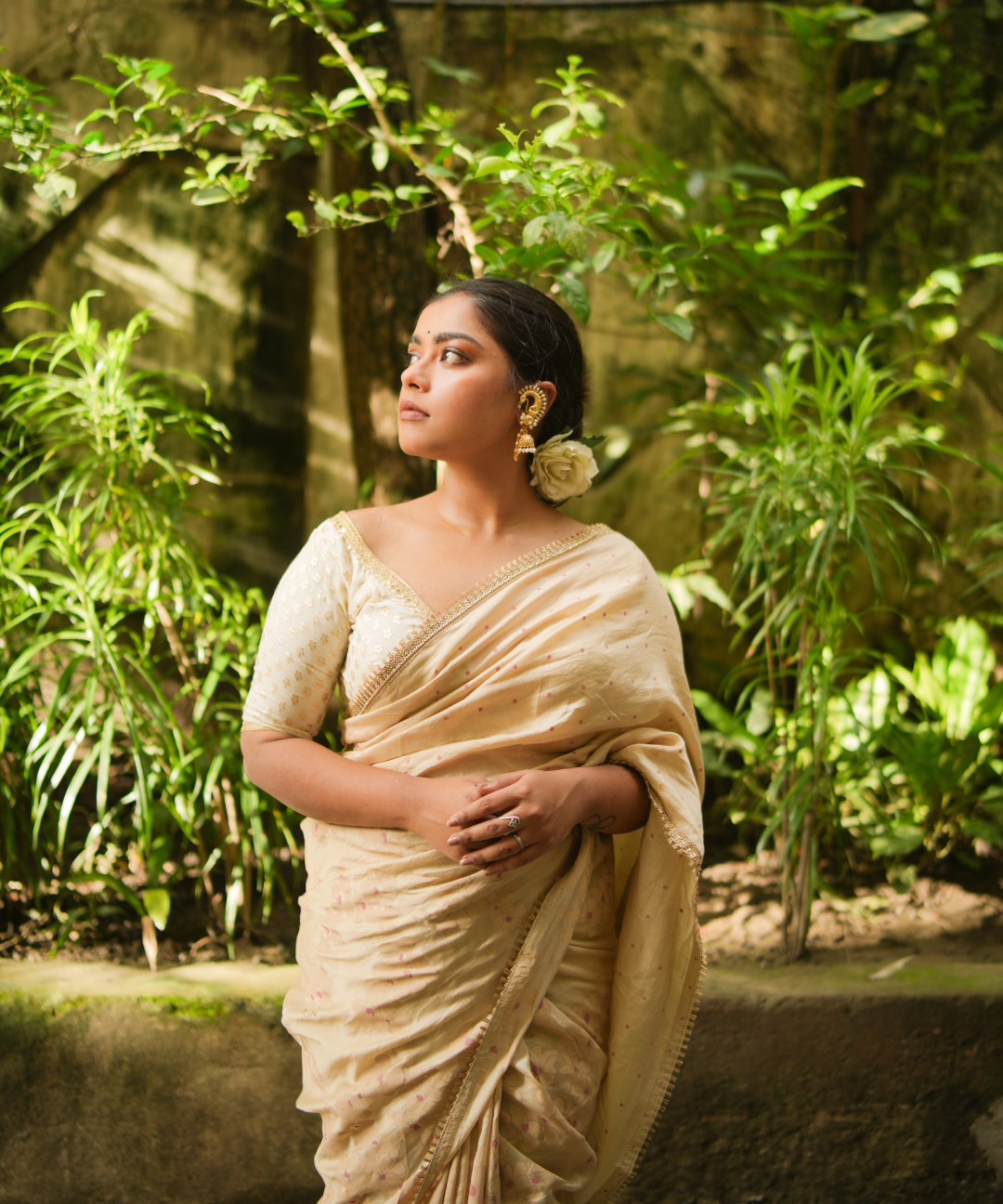 Beige blockprinted chanderi silk saree