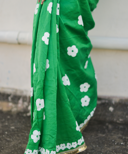 Green blockprinted chanderi silk saree