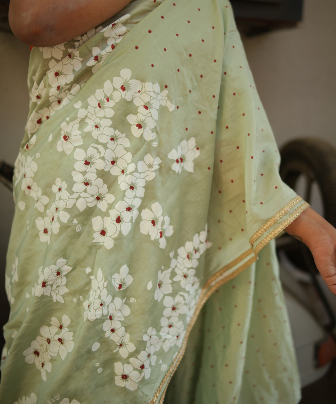Mint blockprinted chanderi silk saree