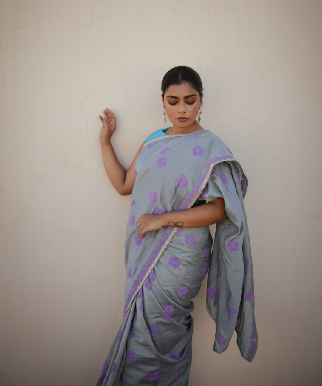 Grey blockprinted chanderi silk saree