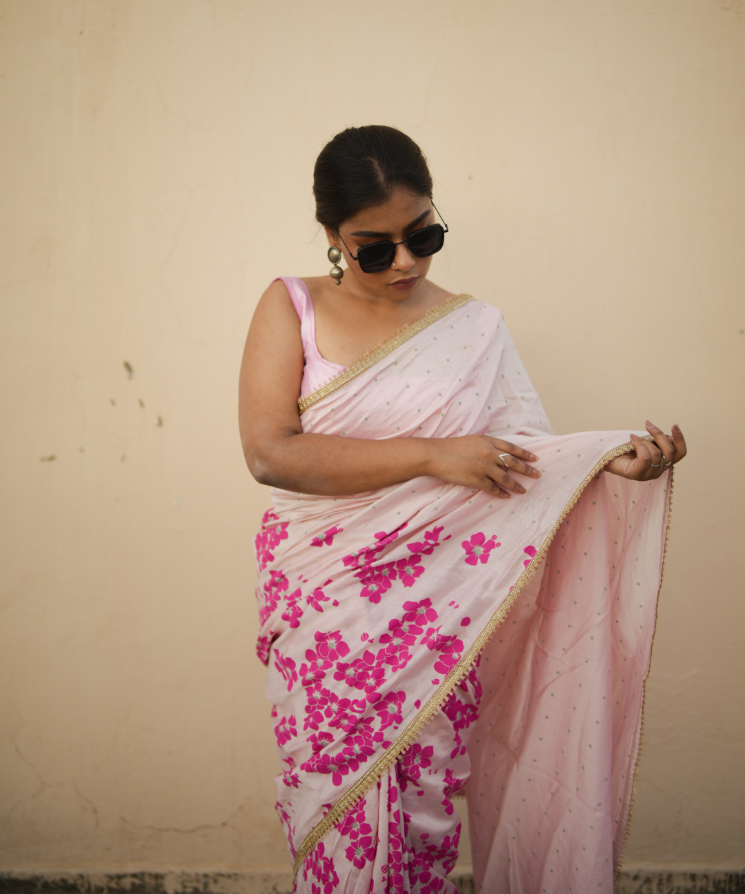 Pink blockprinted chanderi silk saree