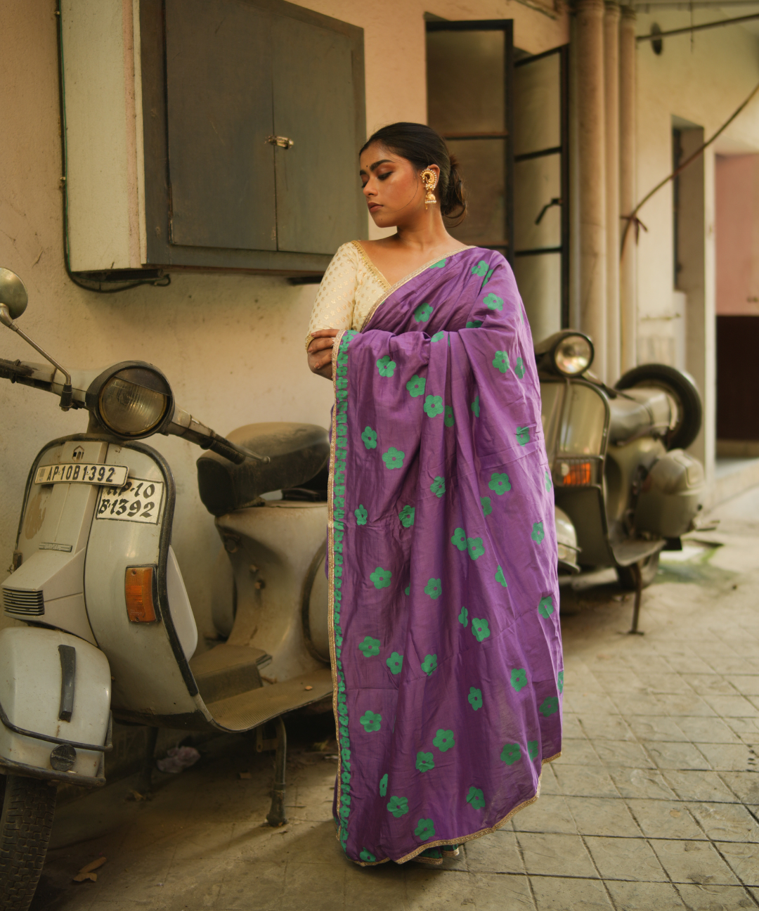 Purple blockprinted chanderi silk saree