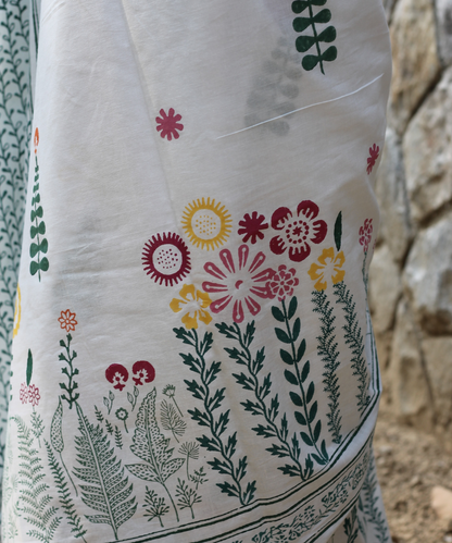 White summer garden block printed mulmul saree