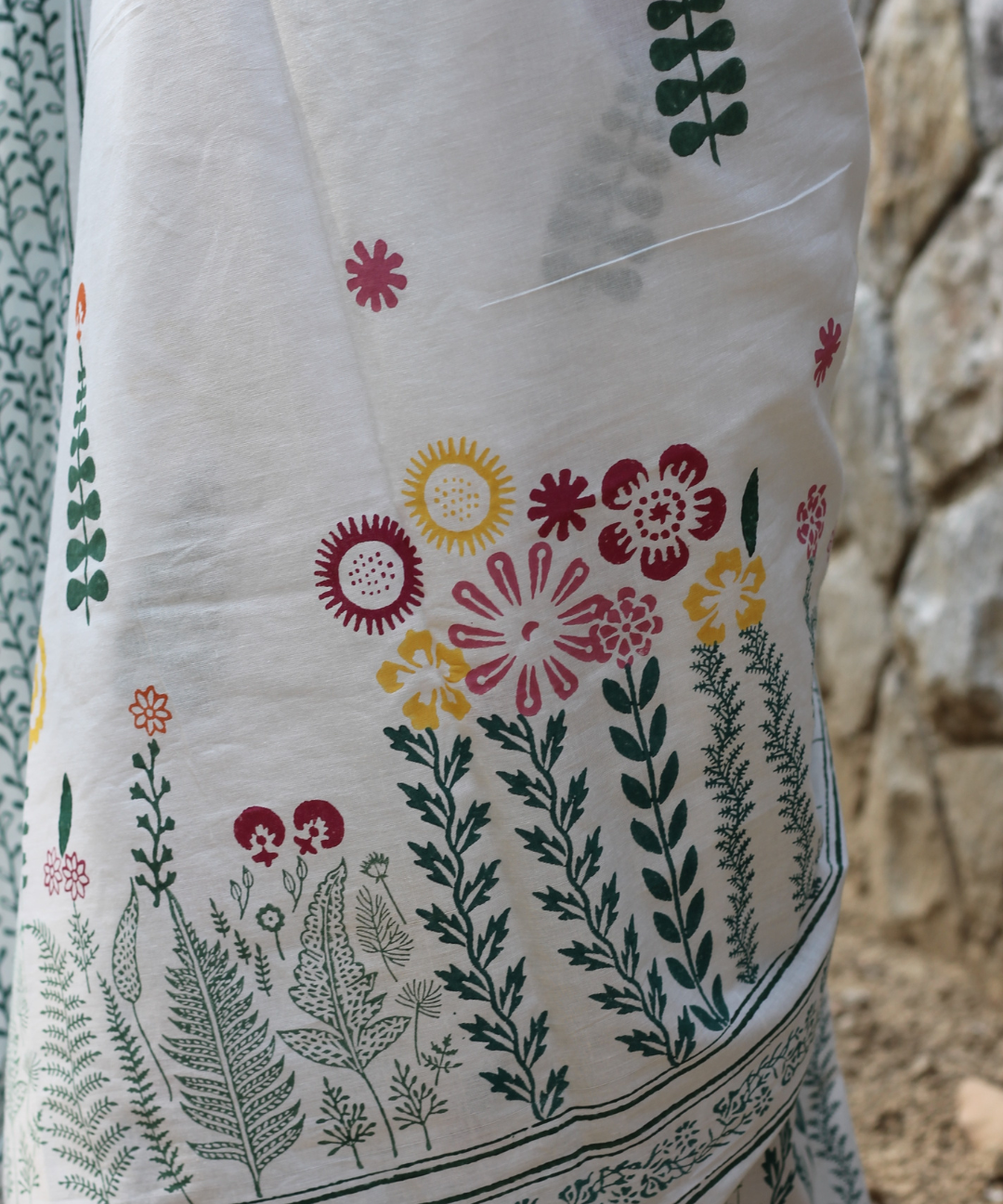 White summer garden block printed mulmul saree
