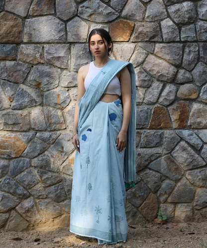 Blue summer sky block printed mulmul saree