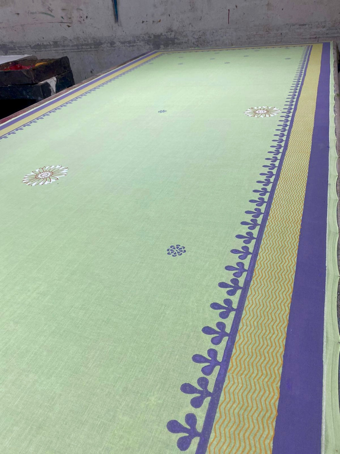 Calm green hand blockprinted cotton mulmul saree
