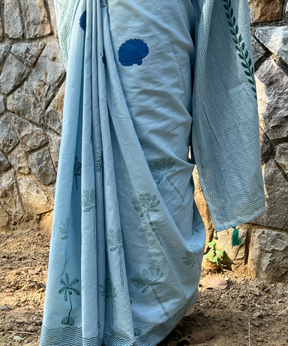 Blue summer sky block printed mulmul saree