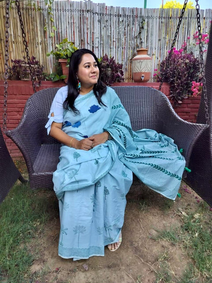 Blue summer sky block printed mulmul saree