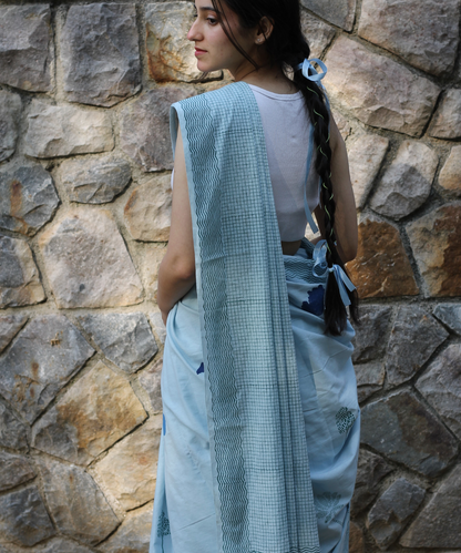 Blue summer sky block printed mulmul saree