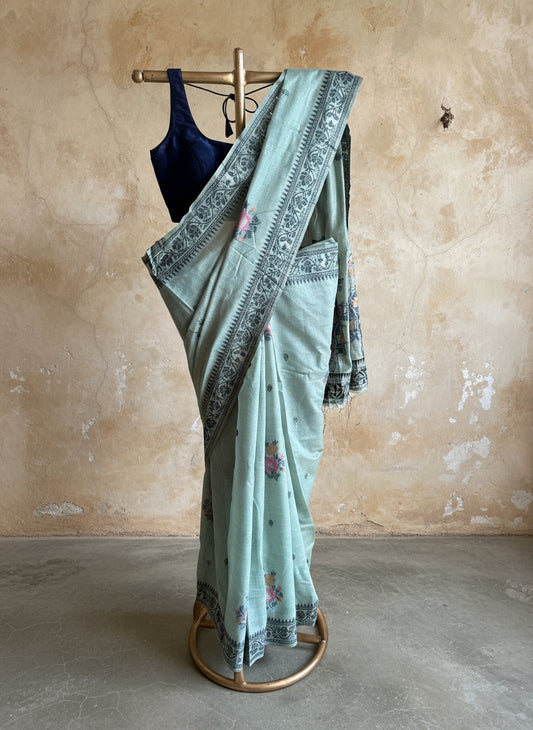 Sage green chanderi cotton jamdani saree
