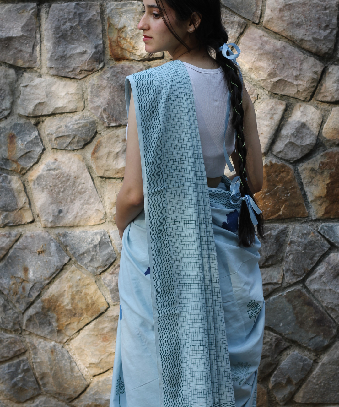 Blue summer sky block printed mulmul saree