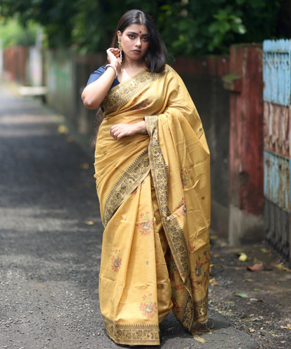 Yellow chanderi cotton jamdani saree