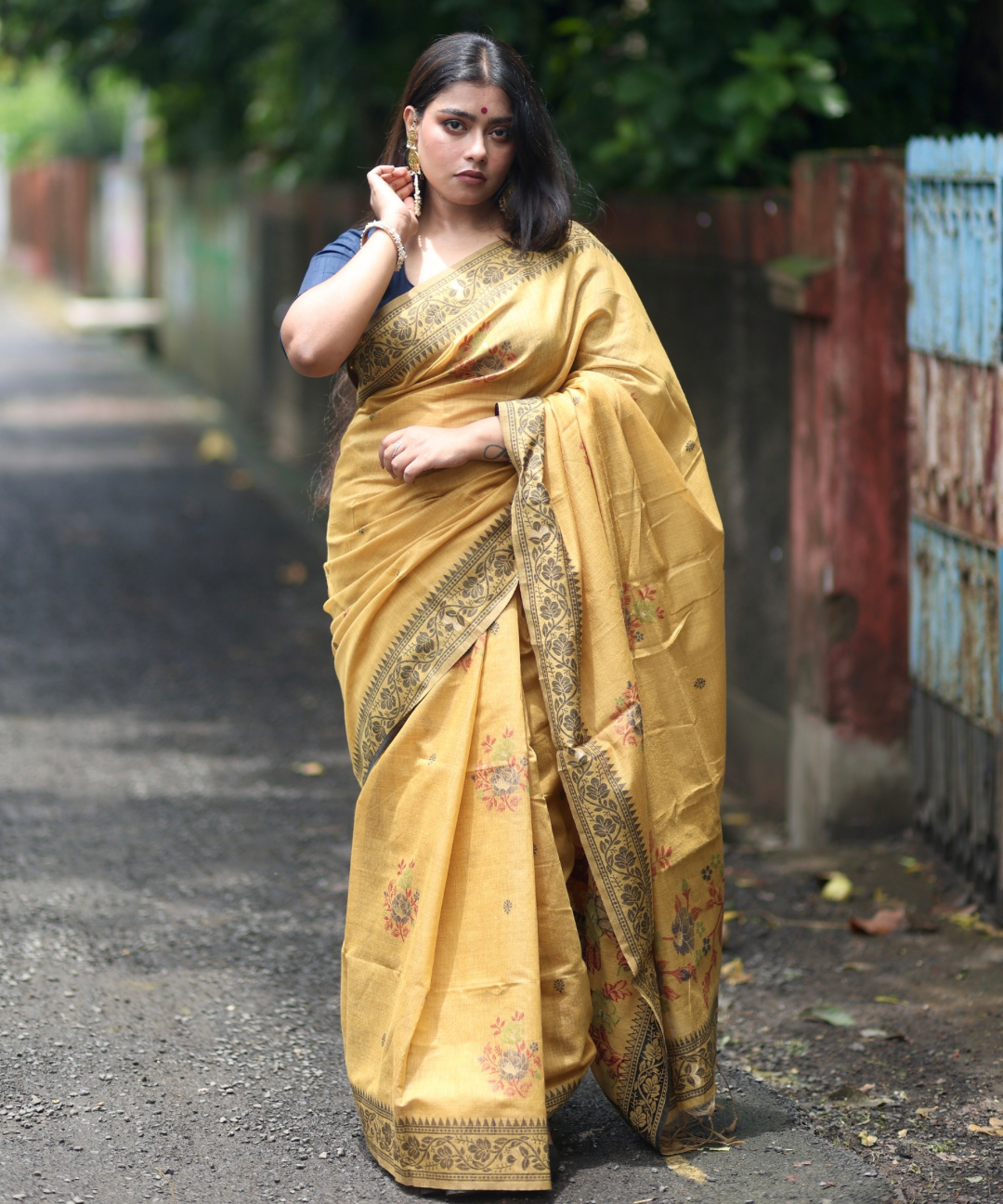 Yellow chanderi cotton jamdani saree