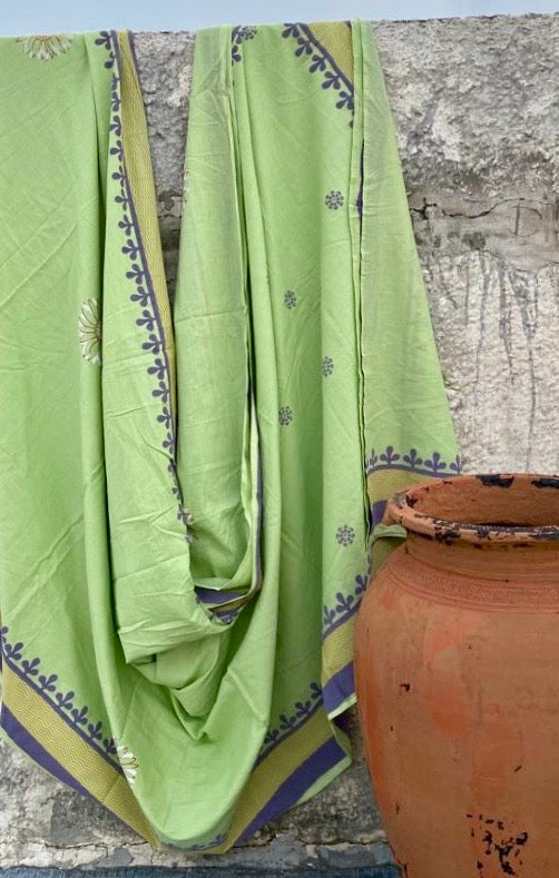 Calm green hand blockprinted cotton mulmul saree