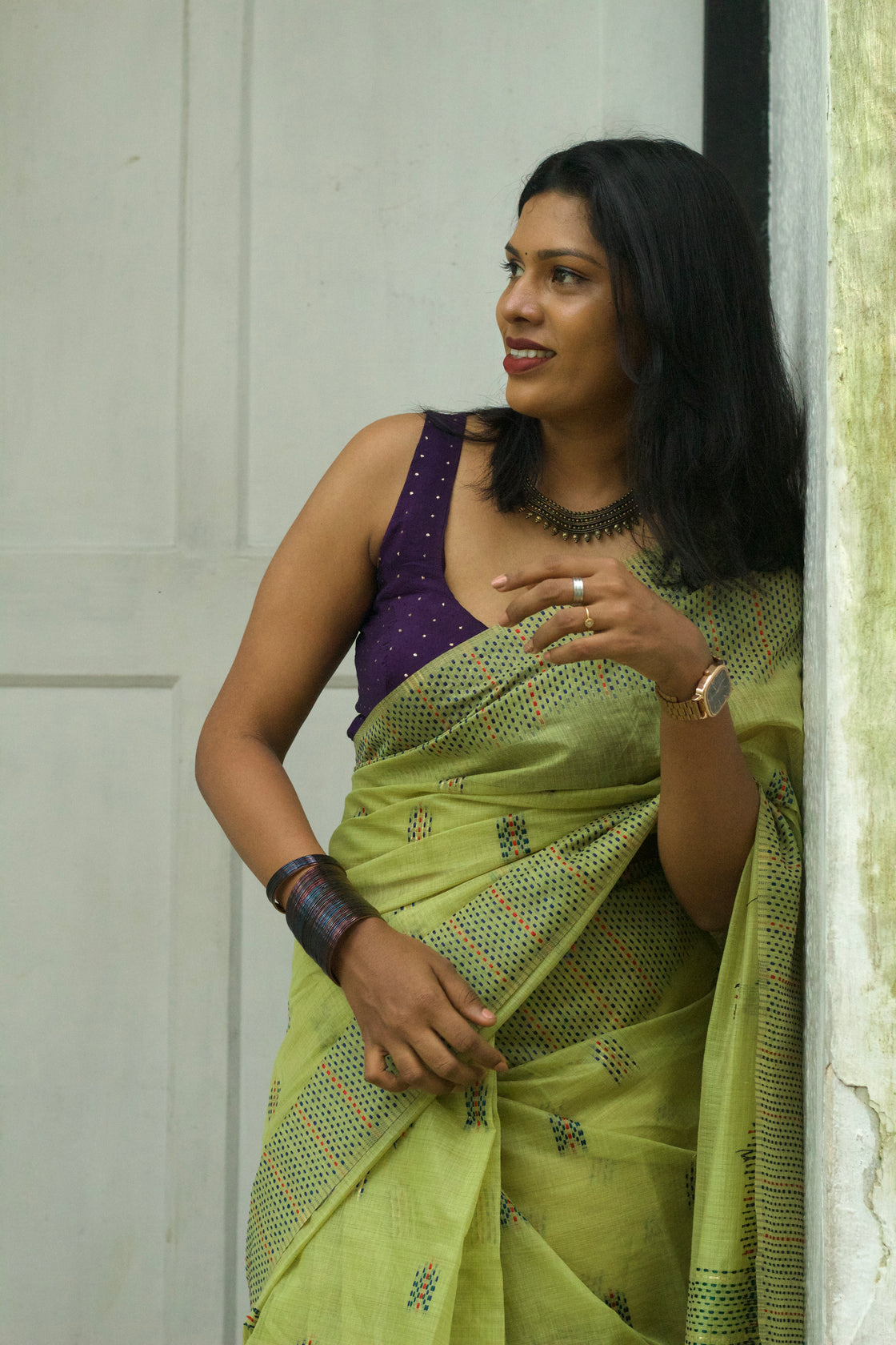 Green chanderi cotton kantha saree