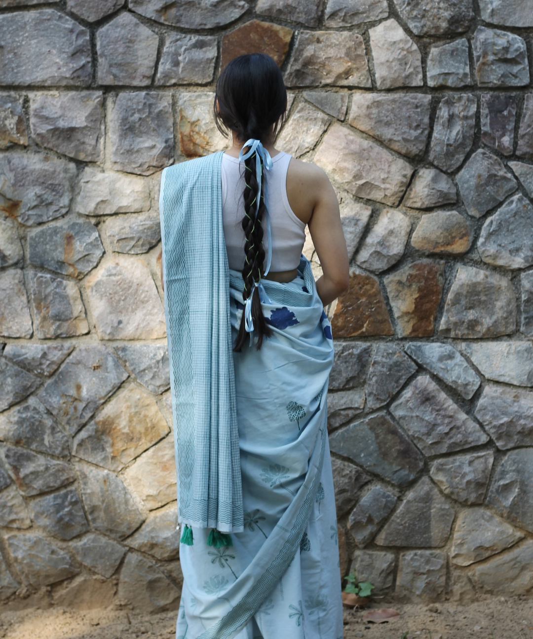 Blue summer sky block printed mulmul saree
