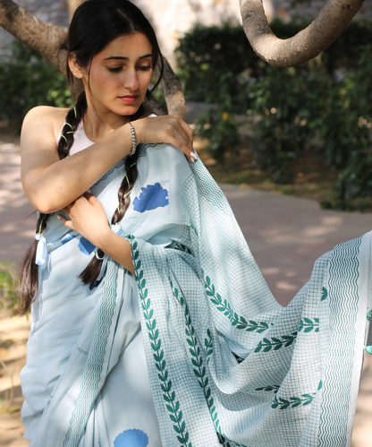 Blue summer sky block printed mulmul saree