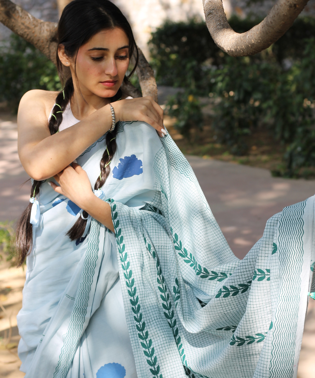 Blue summer sky block printed mulmul saree