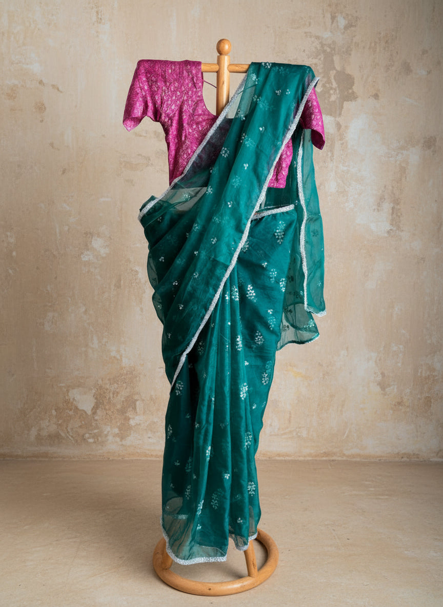 Green organza saree