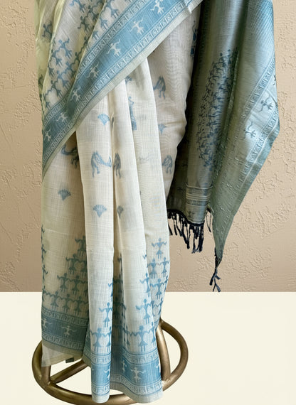 Teal green varli Chanderi cotton saree