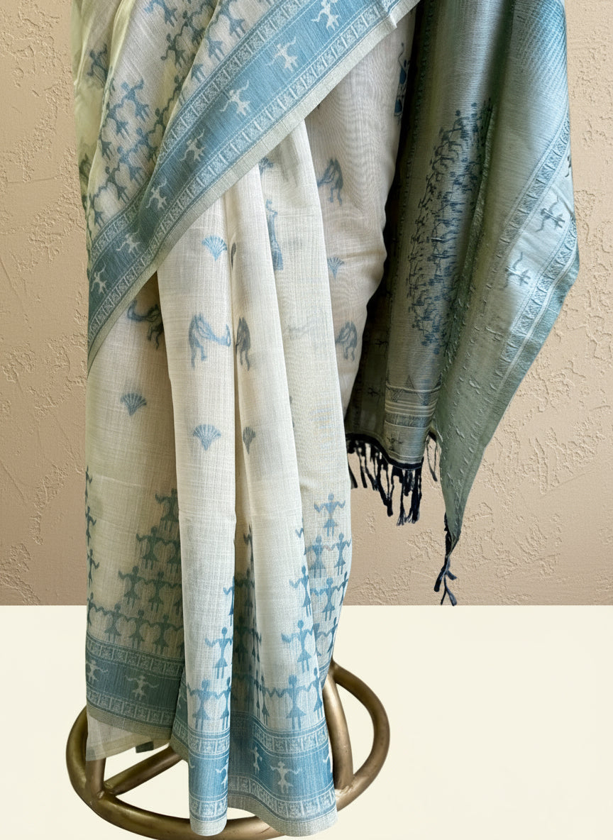 Teal green varli Chanderi cotton saree