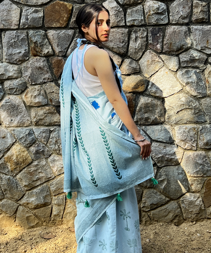 Blue summer sky block printed mulmul saree