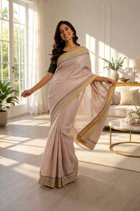 Old rose hand blockprinted cotton saree