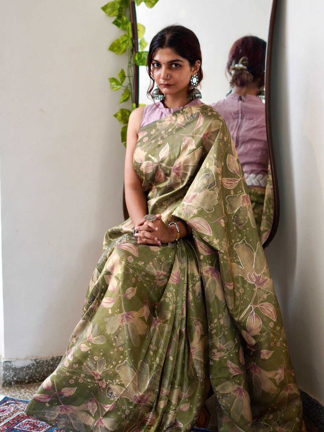 Green abstract tissue silk saree