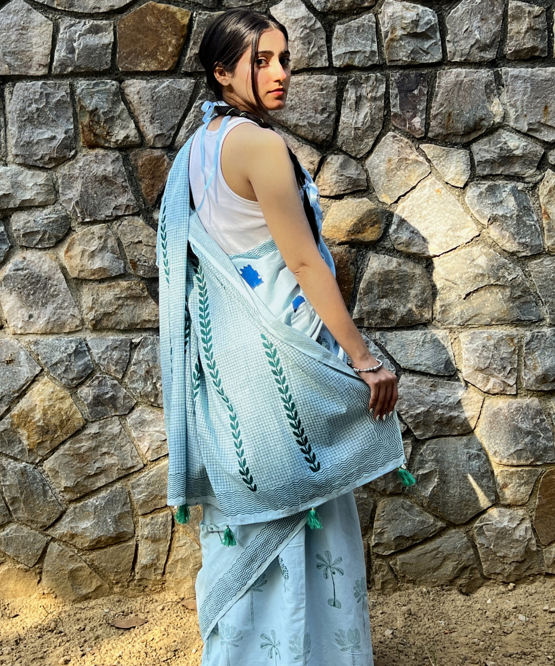 Blue summer sky block printed mulmul saree