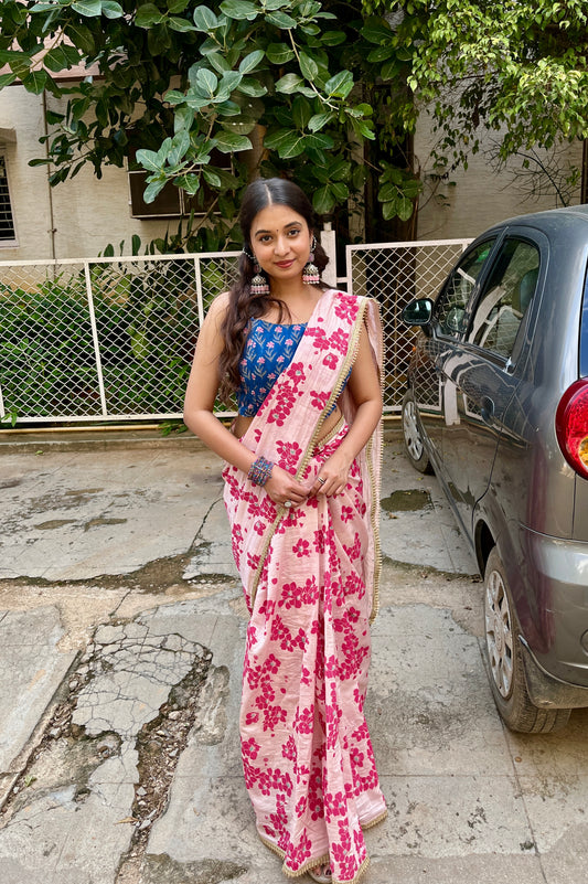 Pink blockprinted chanderi silk saree