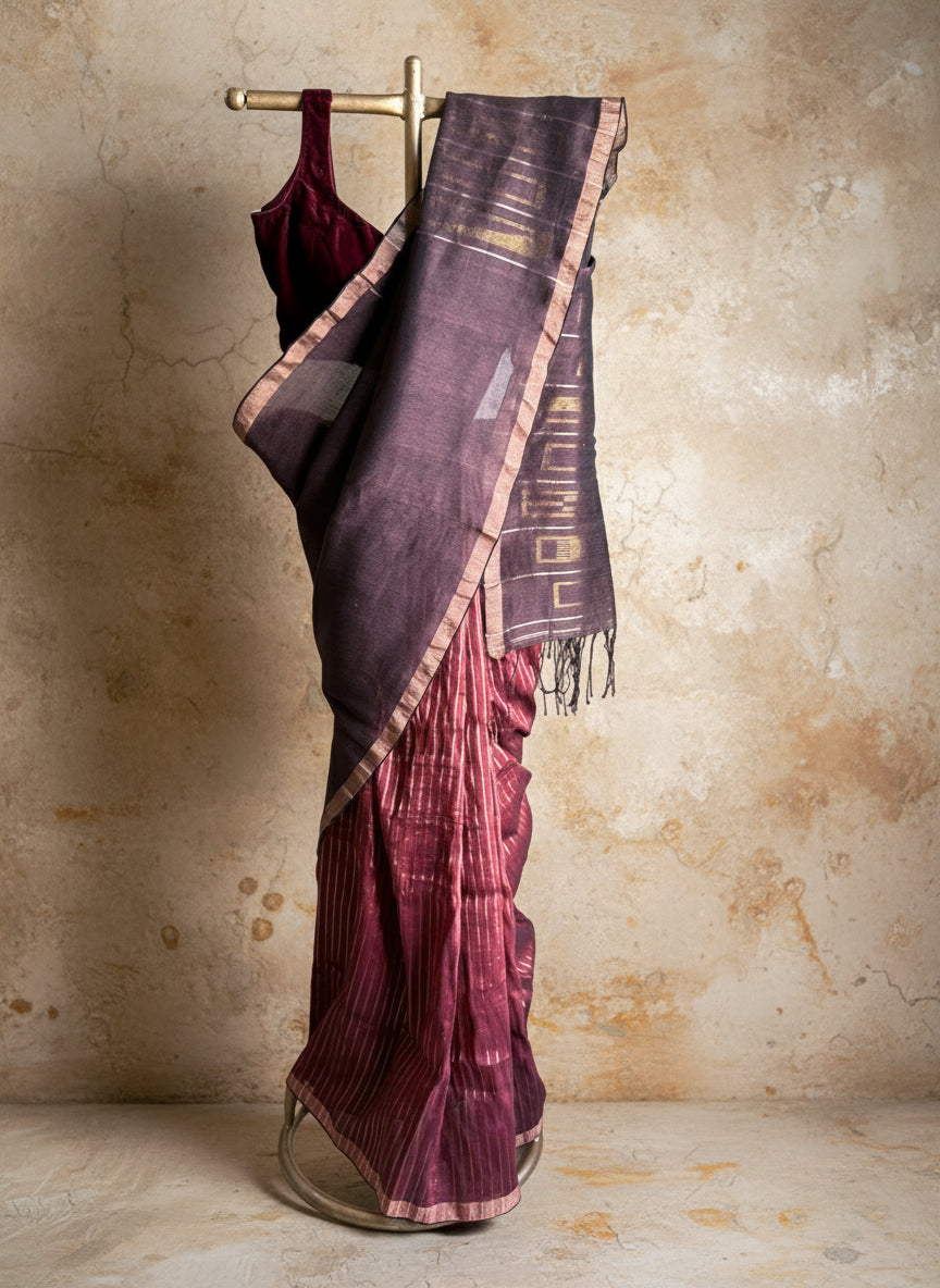 Maroon brown handwoven linen jamdani saree