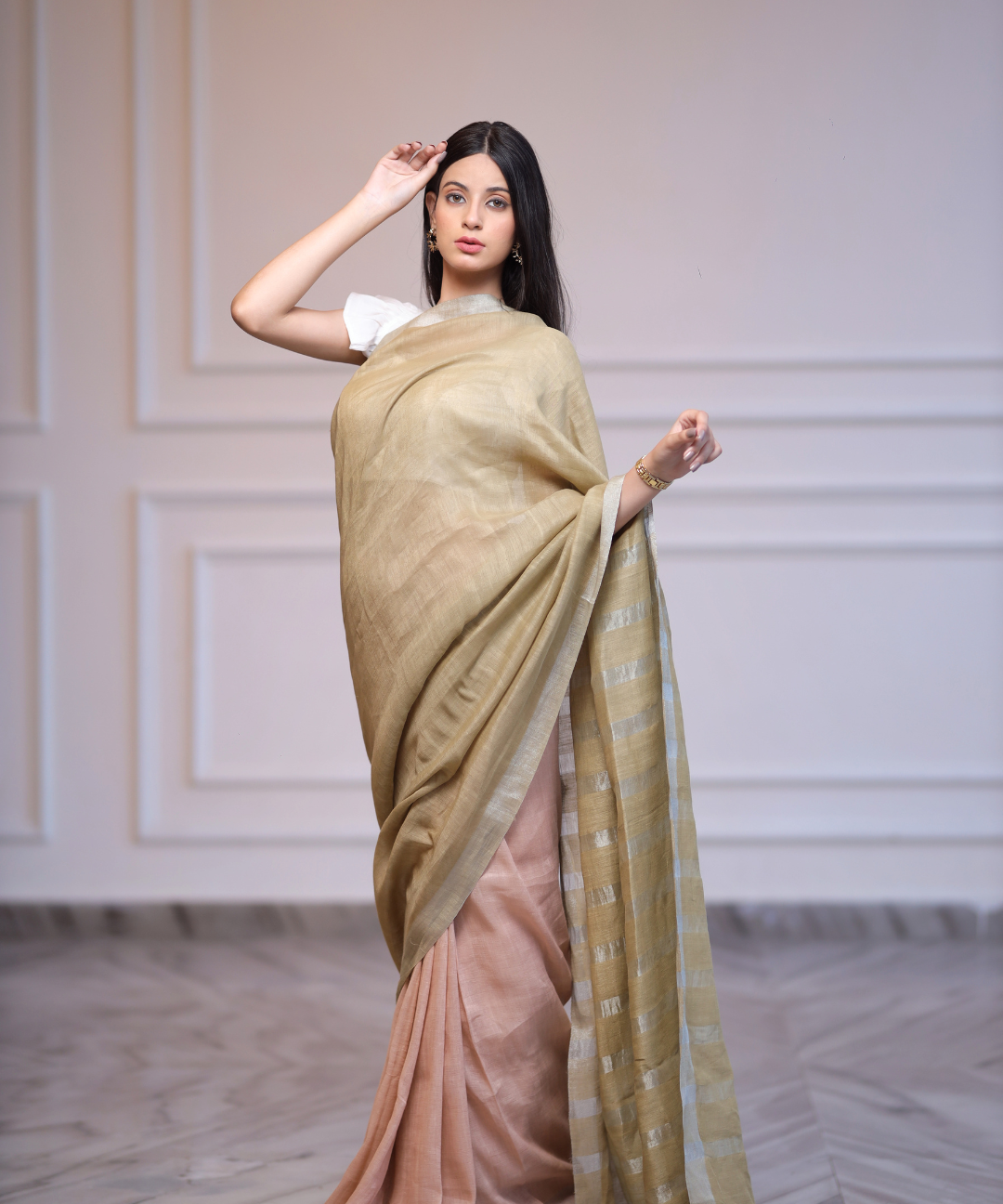 Green peach handwoven linen zari saree
