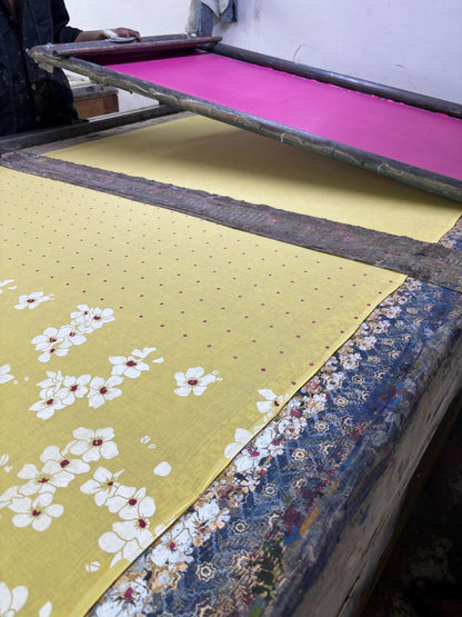 Yellow summer child block printed mulmul saree