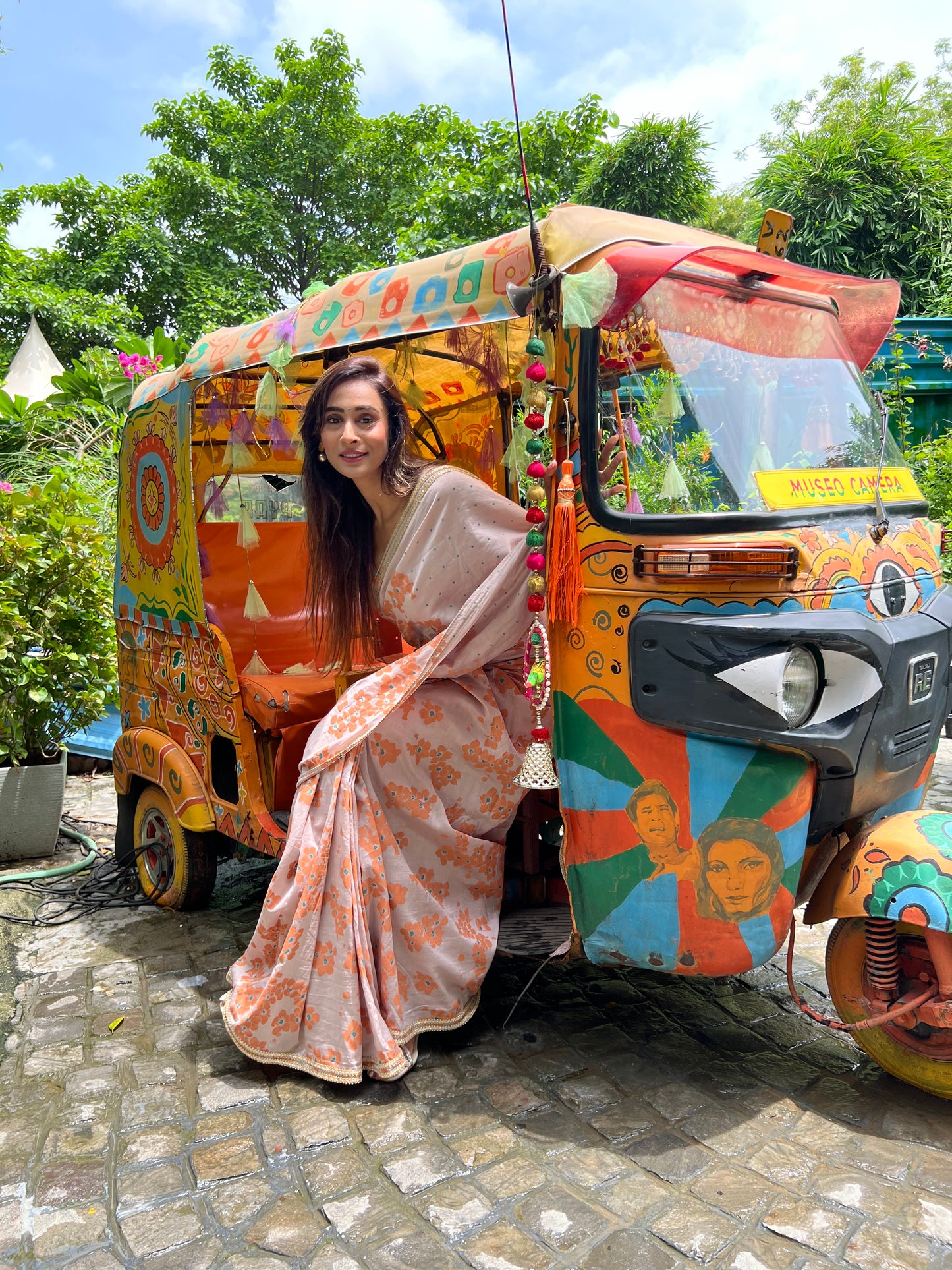 Orange blockprinted chanderi silk saree