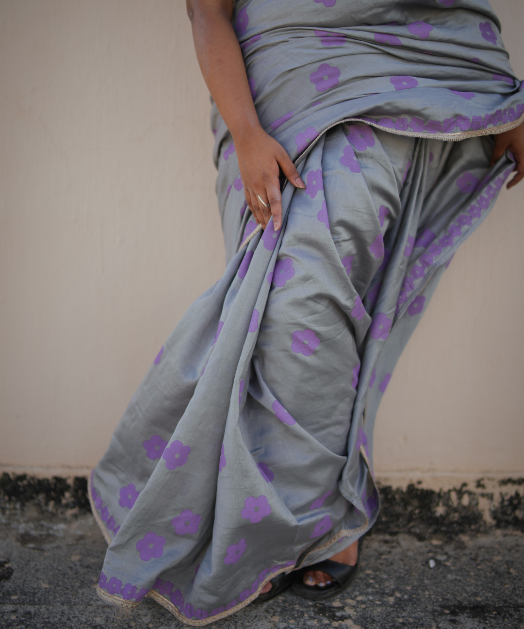 Grey blockprinted chanderi silk saree