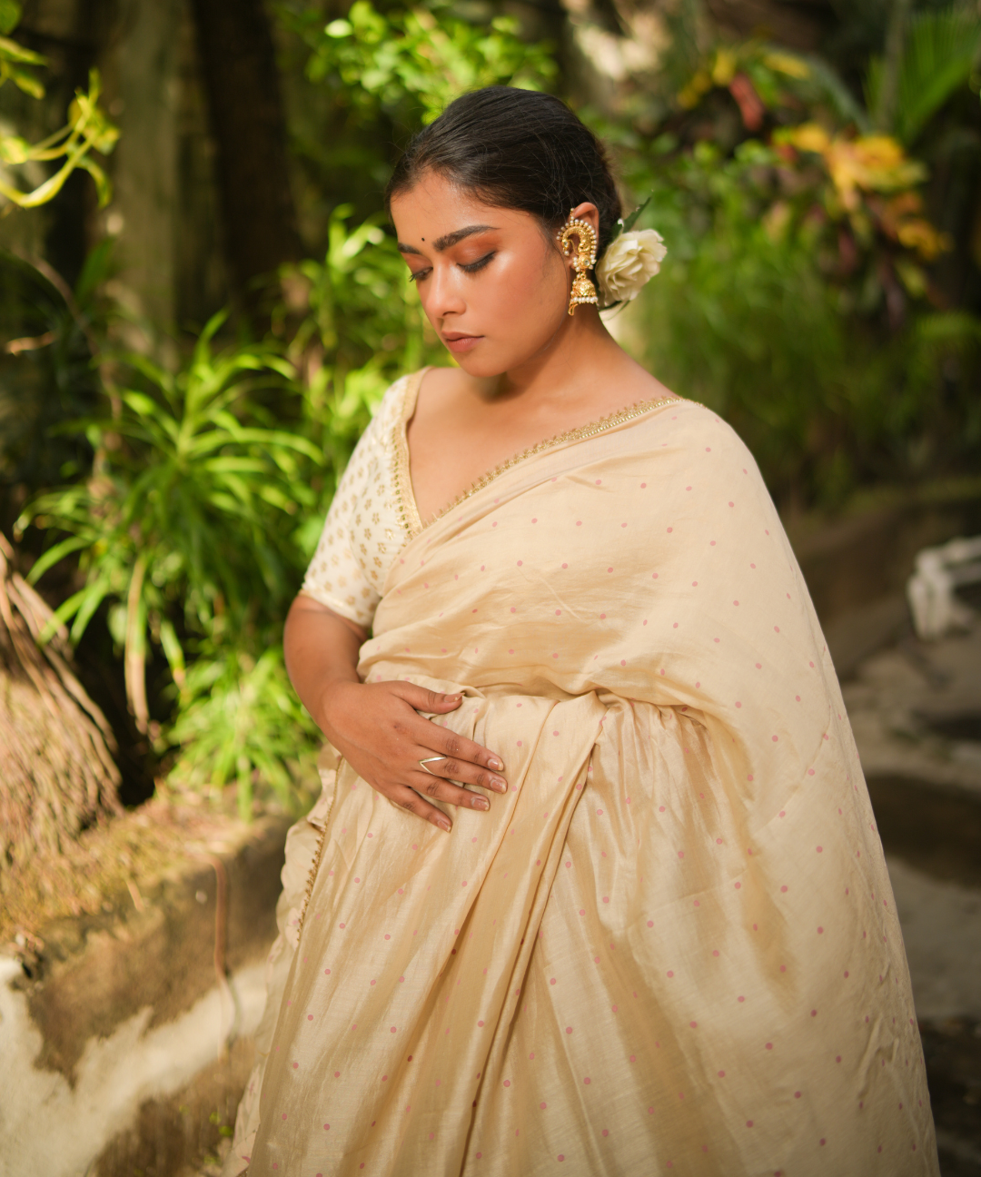 Beige blockprinted chanderi silk saree
