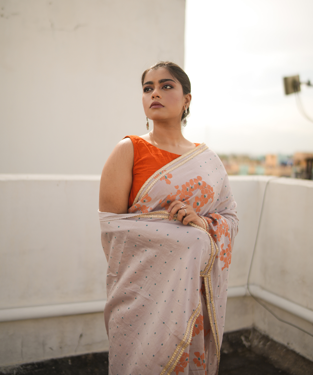 Orange blockprinted chanderi silk saree