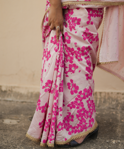 Pink blockprinted chanderi silk saree