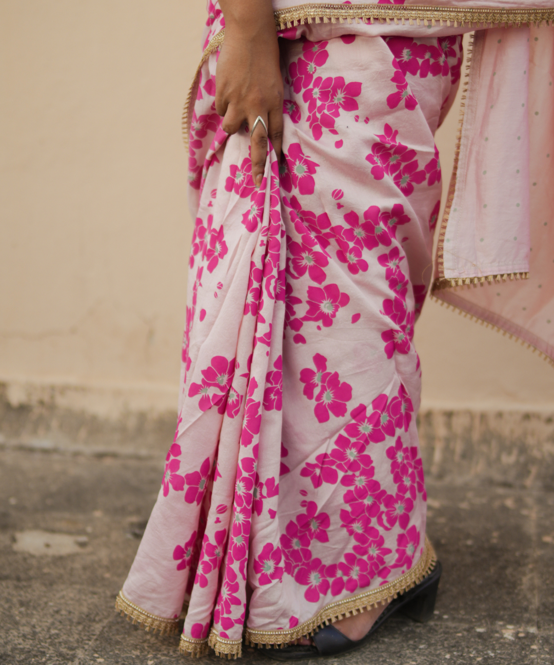 Pink blockprinted chanderi silk saree