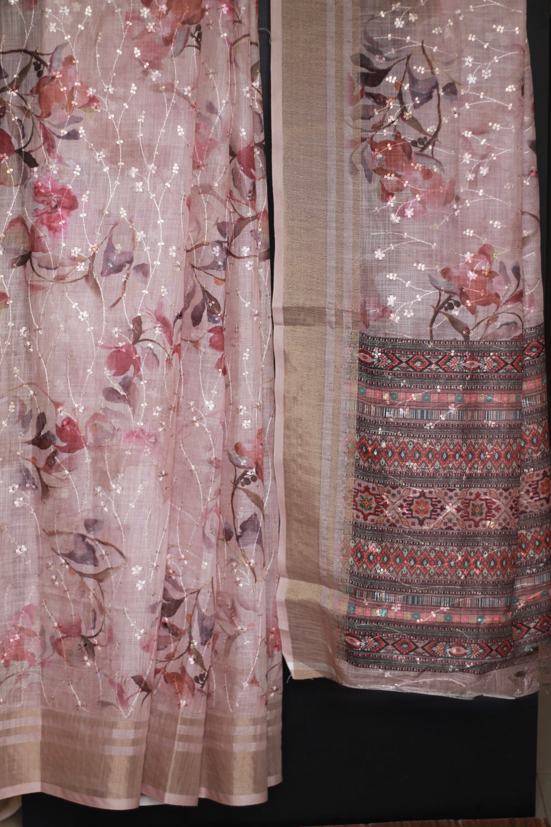 Light pink thread embroidered saree