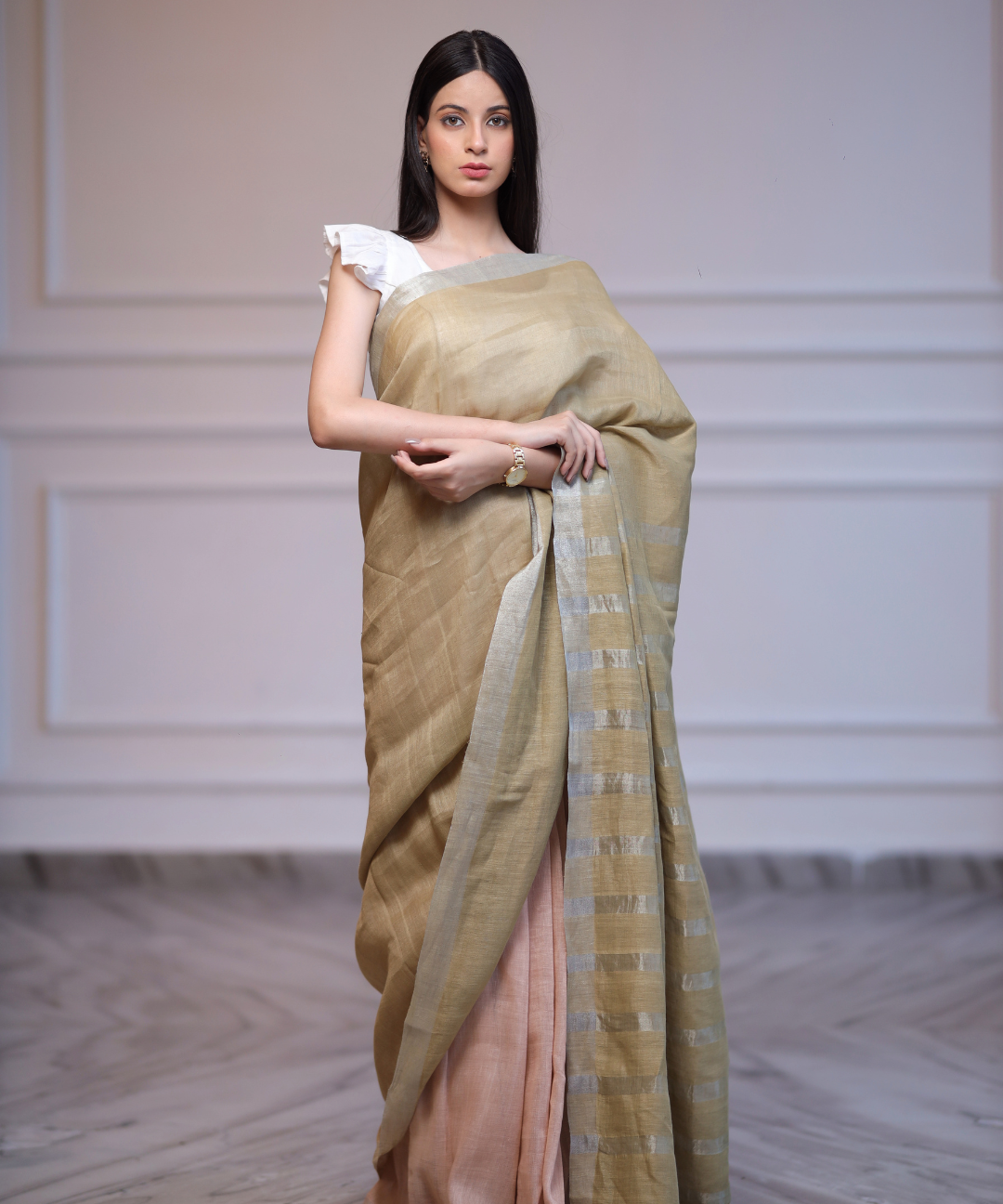 Green peach handwoven linen zari saree