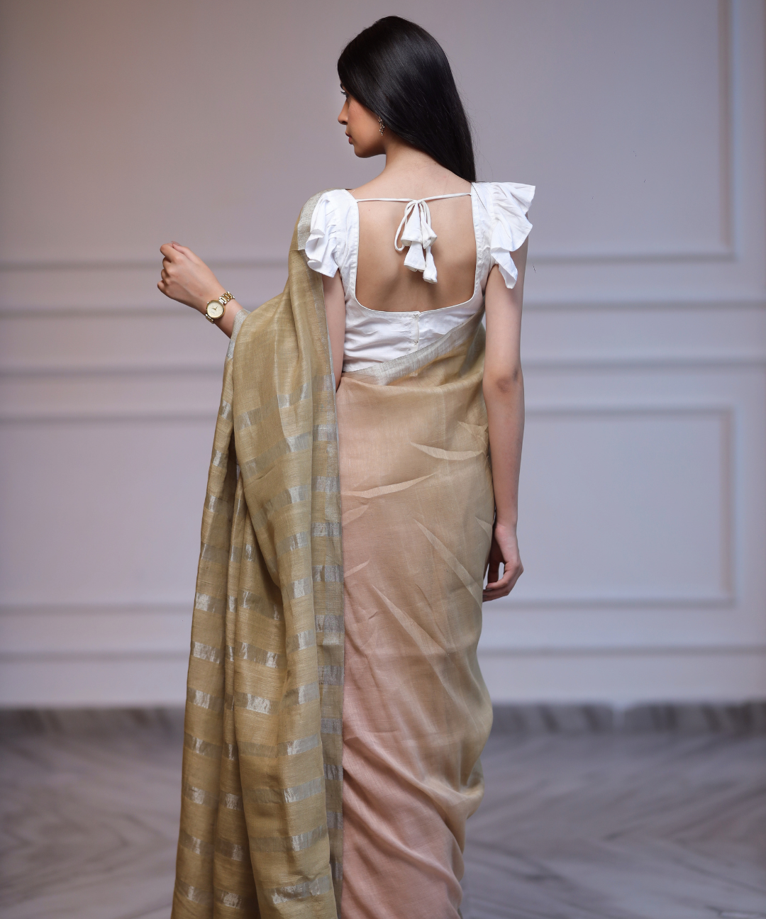 Green peach handwoven linen zari saree