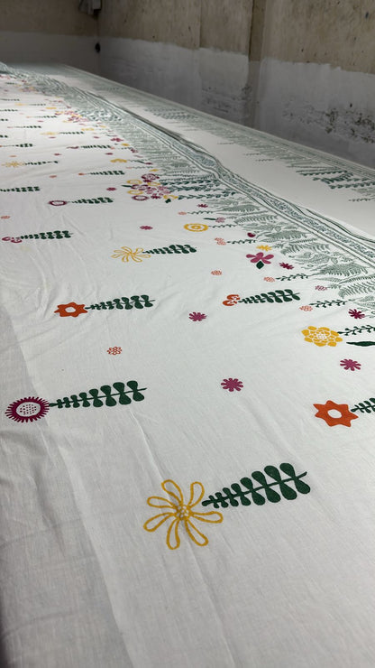 White summer garden block printed mulmul saree