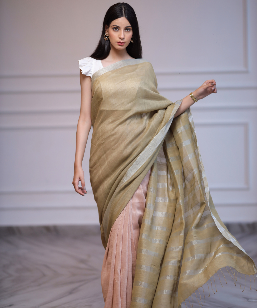 Green peach handwoven linen zari saree