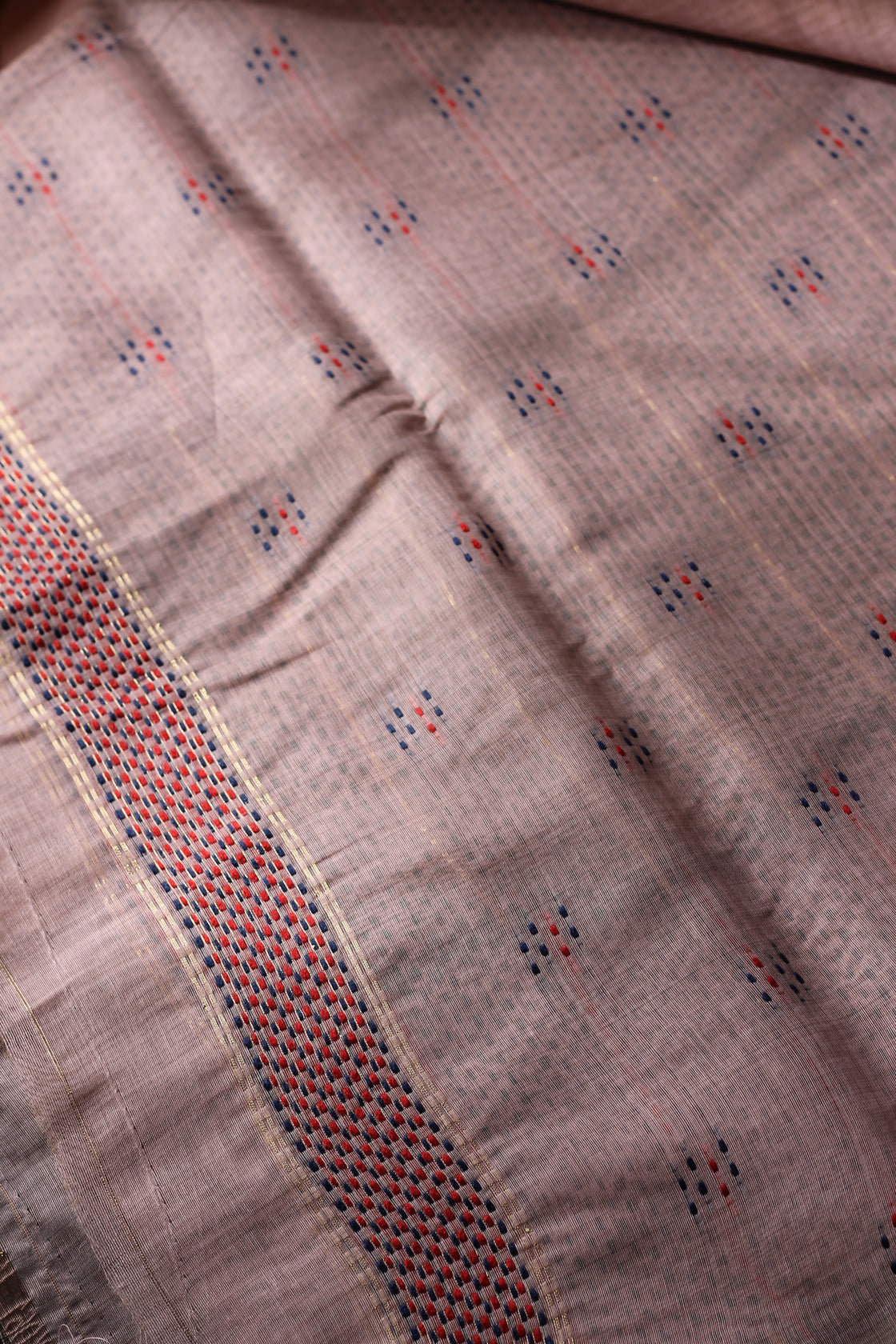 Peach chanderi cotton kantha saree