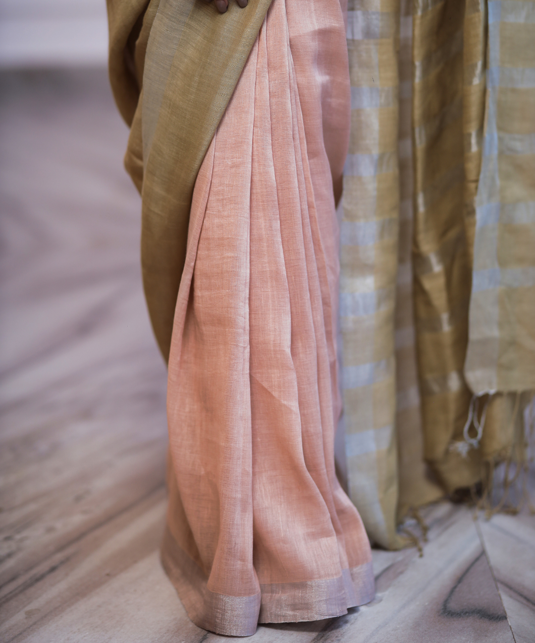 Green peach handwoven linen zari saree